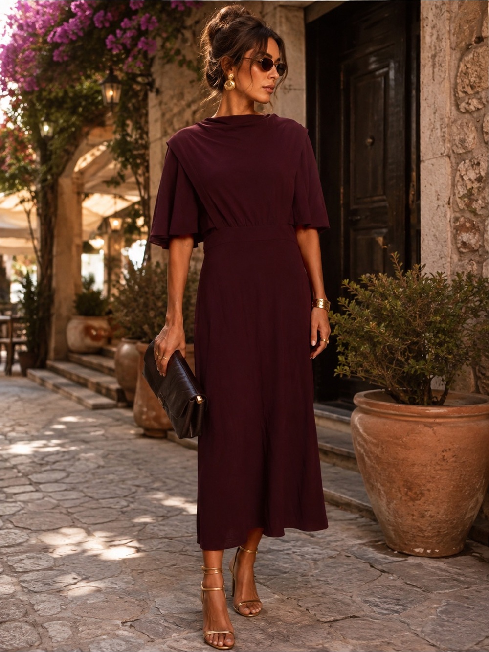 Sophisticated Burgundy Midi Dress with Draped Short Sleeves